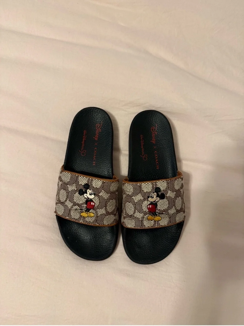 Coach Brown Signature Canvas Mickey Slide Sandals with Black Footbed
